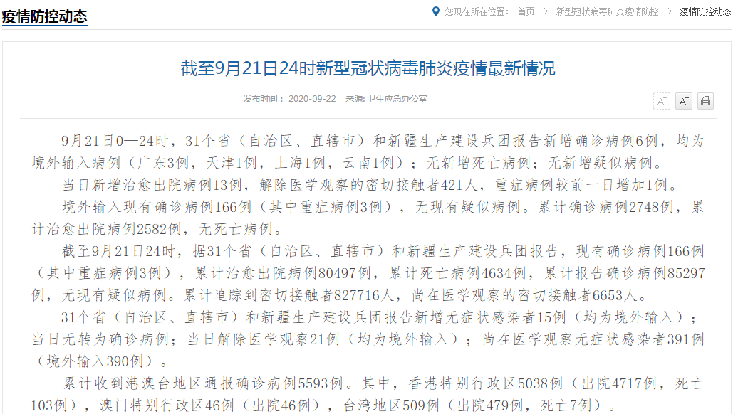 31省区市新增6例均为境外输入/31省区市新增4例境外输入